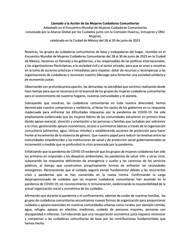 Llamado a la Acción de las Mujeres Cuidadoras Comunitarias